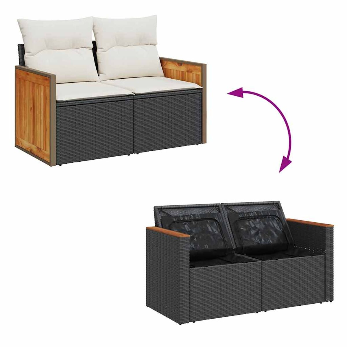 Zwei Outdoor-Sofas, eines als Ecke und eines gerade, mit grauen und Holzteilen.