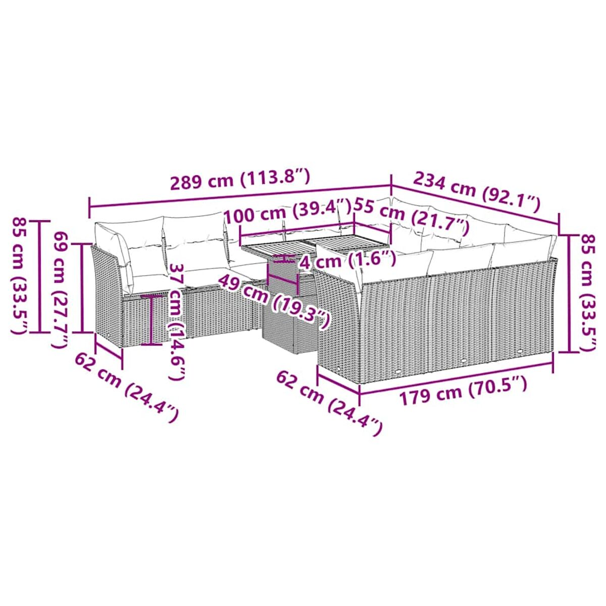Set di mobili da esterno in rattan con dimensioni espresse in centimetri e pollici.