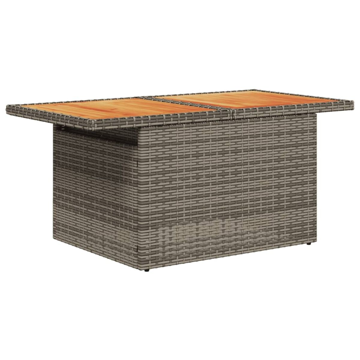 Geflochtener Tisch mit einer Holzplatte, die aus zwei Teilen besteht.