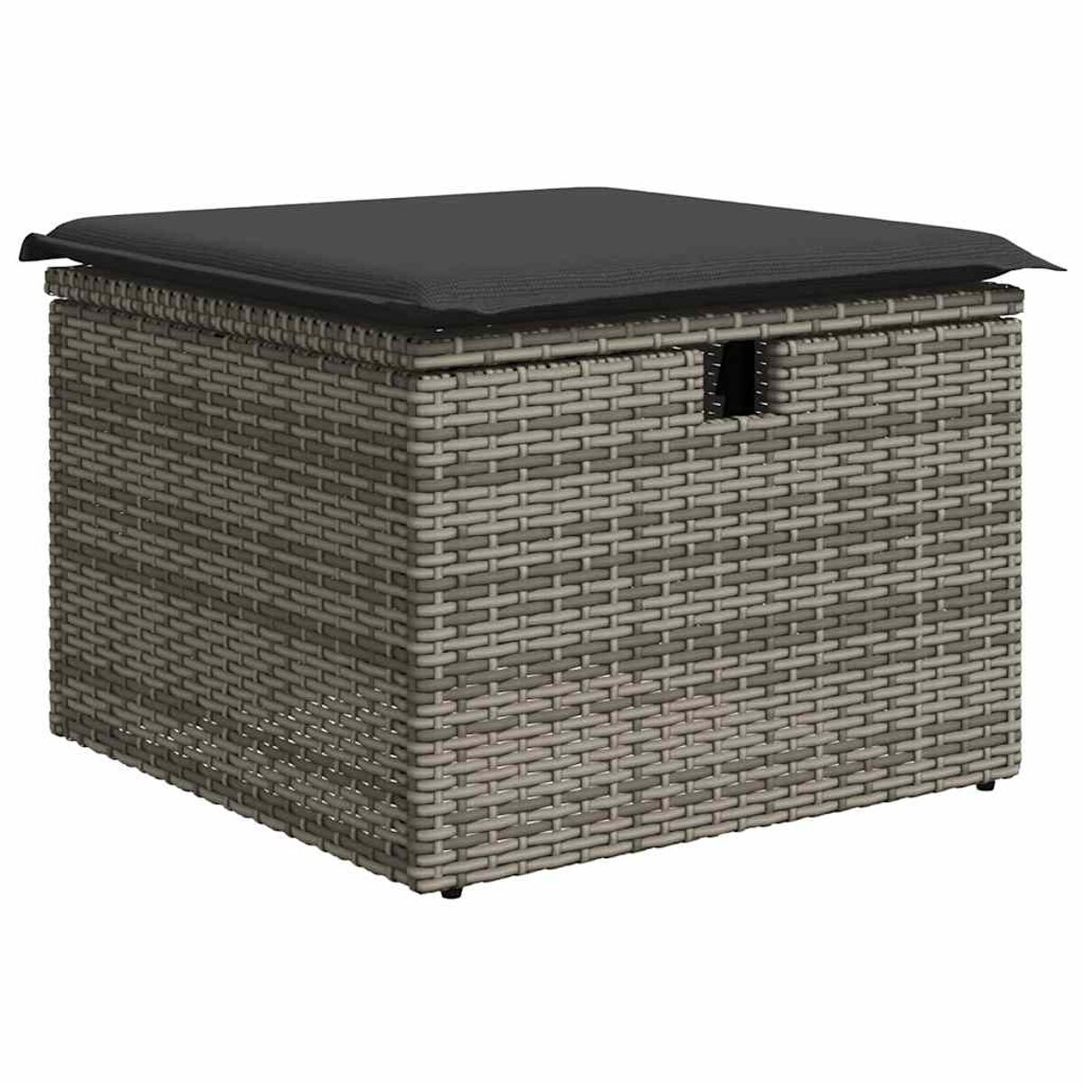 Contenitore quadrato in vimini con cuscino nero. Motivo in vimini grigio.