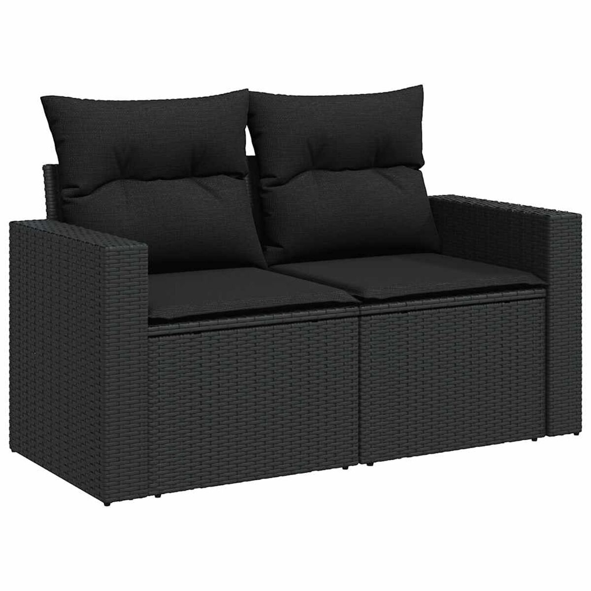 Divano in rattan nero con due cuscini. Il divano è in vimini e ha un design moderno.