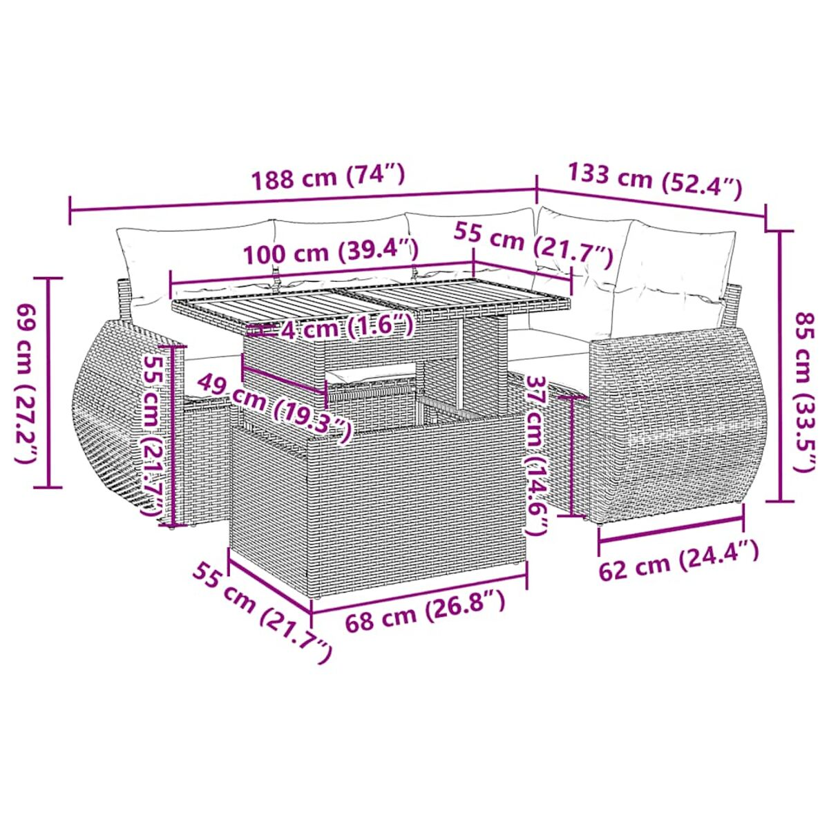 Set di mobili da esterno in rattan con tavolo e divano angolare. Le dimensioni sono indicate.