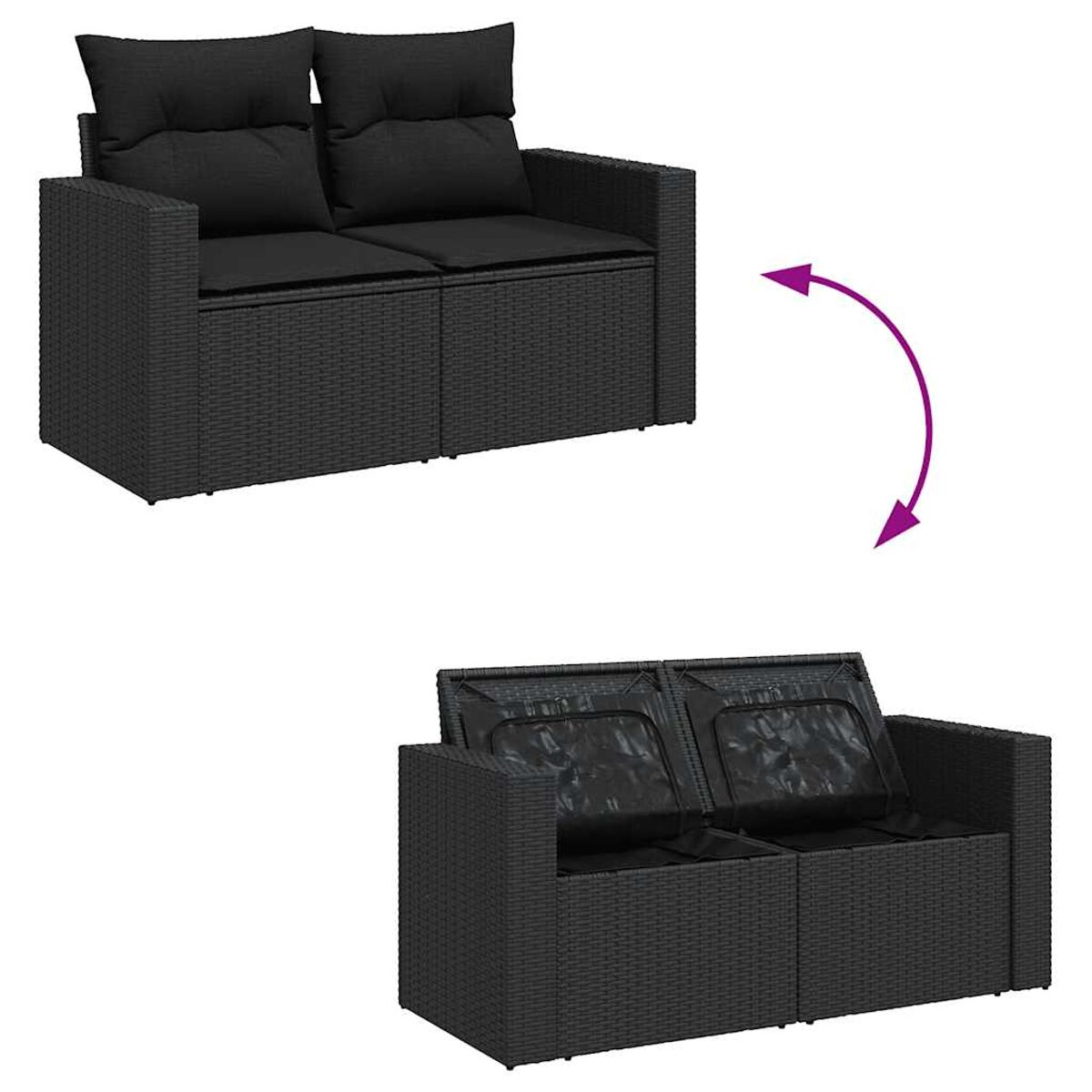 Ein schwarzes Korbmöbel-Set. Eines zeigt die Kissen, das andere ohne Kissen.