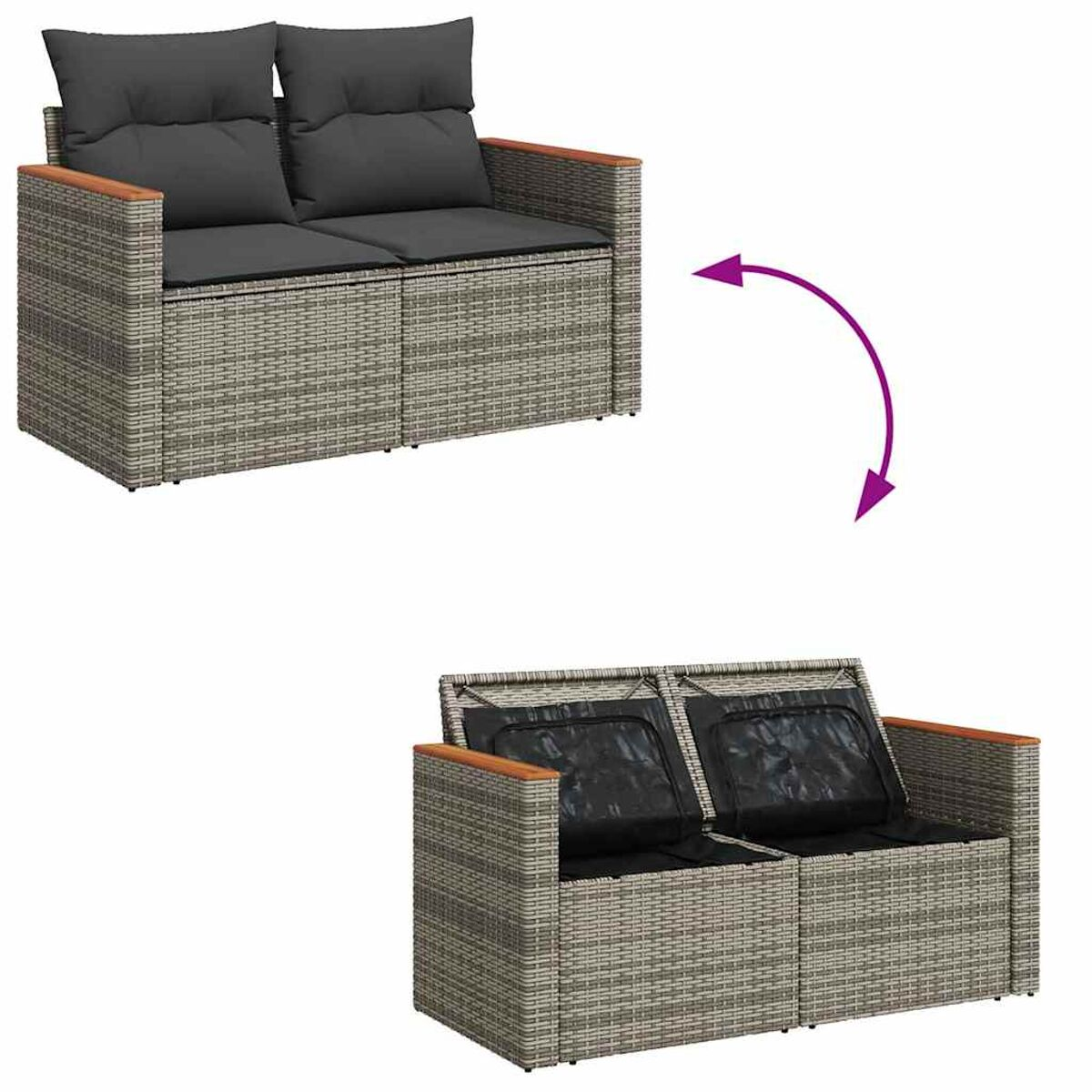 Divano in rattan grigio a due posti. L'immagine in alto mostra il cuscino. L'immagine in basso mostra lo stoccaggio.