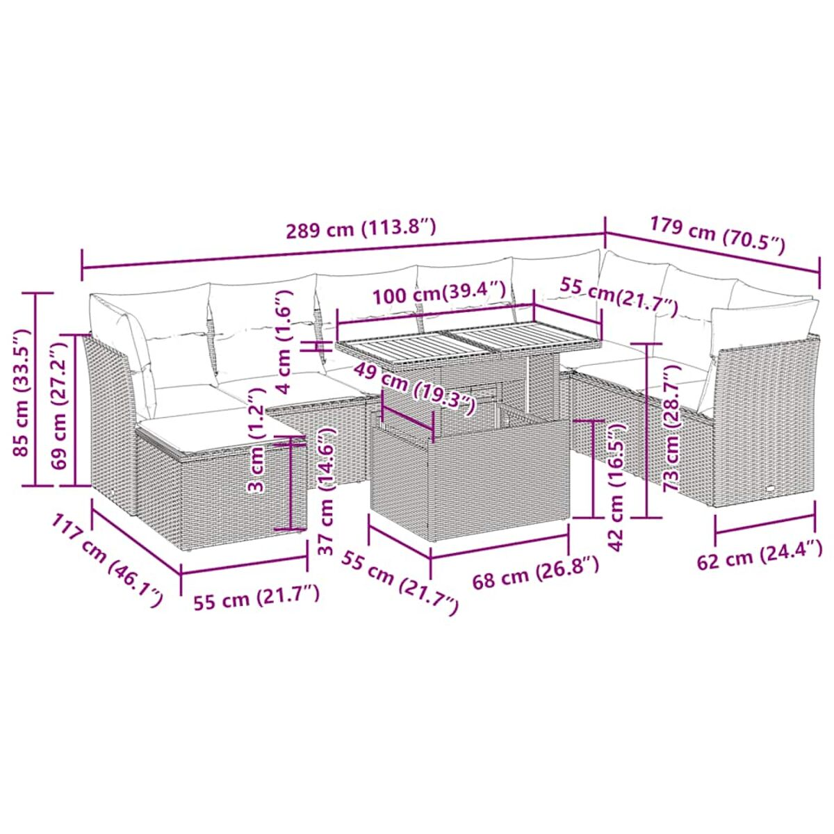 Set divano in rattan da esterno con tavolo. Dimensioni visualizzate. Cuscini beige, rattan marrone. Sfondo bianco.