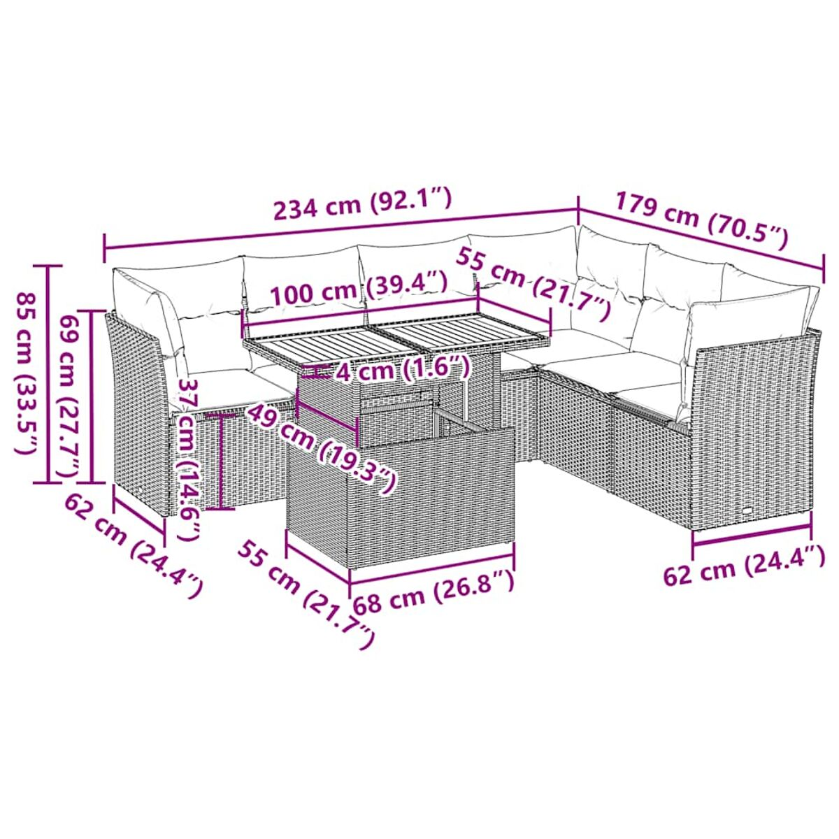 Set di mobili da esterno in rattan con tavolo e divano angolare. Le dimensioni sono indicate.