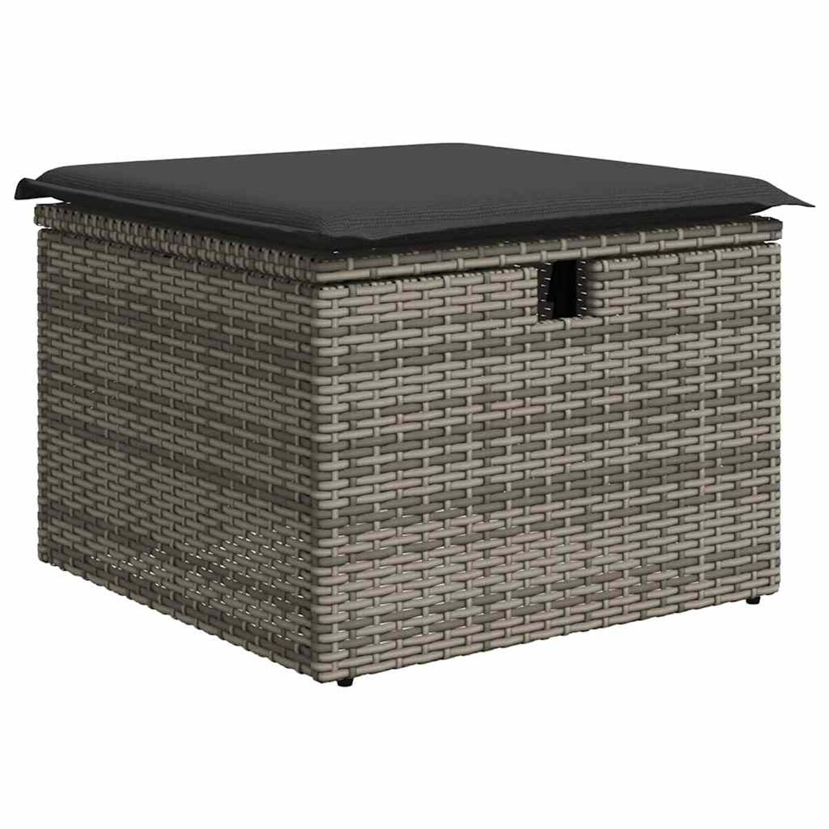 Un contenitore quadrato in rattan con un cuscino nero sopra.