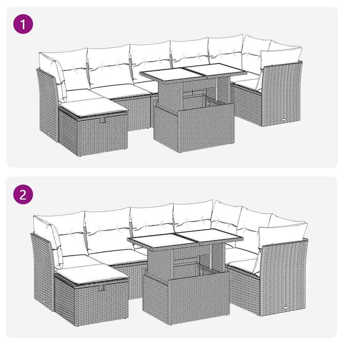 Zwei Diagramme von Gartenmöbelsets. Jedes Set besteht aus Sofas und einem Tisch, die unterschiedlich angeordnet sind.