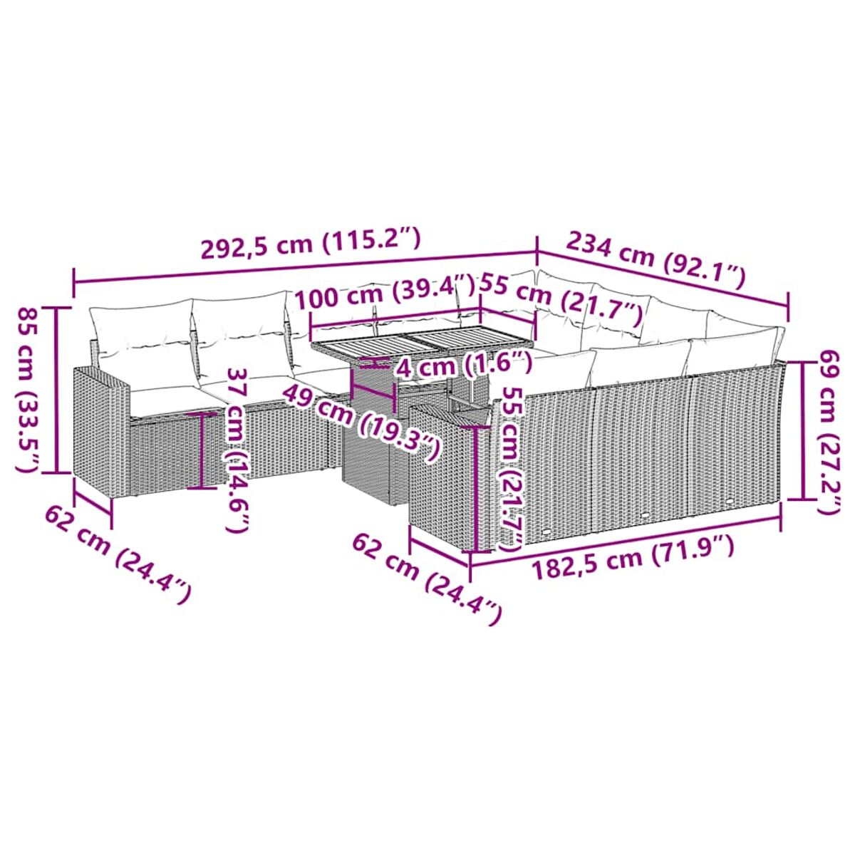 Set divano rattan da esterno con dimensioni. Cuscini bianchi, rattan marrone e tavolo visibili.