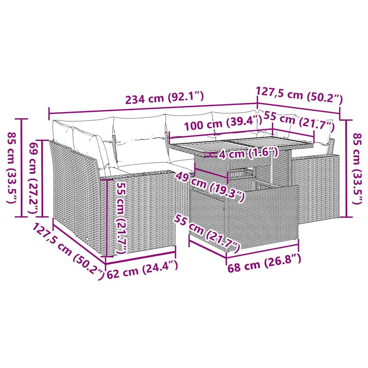 Set di mobili da esterno in vimini con dimensioni in cm.