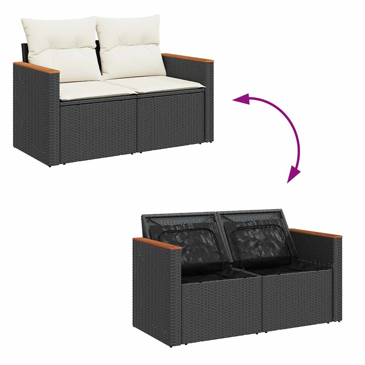 Divano in rattan grigio a due posti con cuscini bianchi si trasforma in versione bassa.