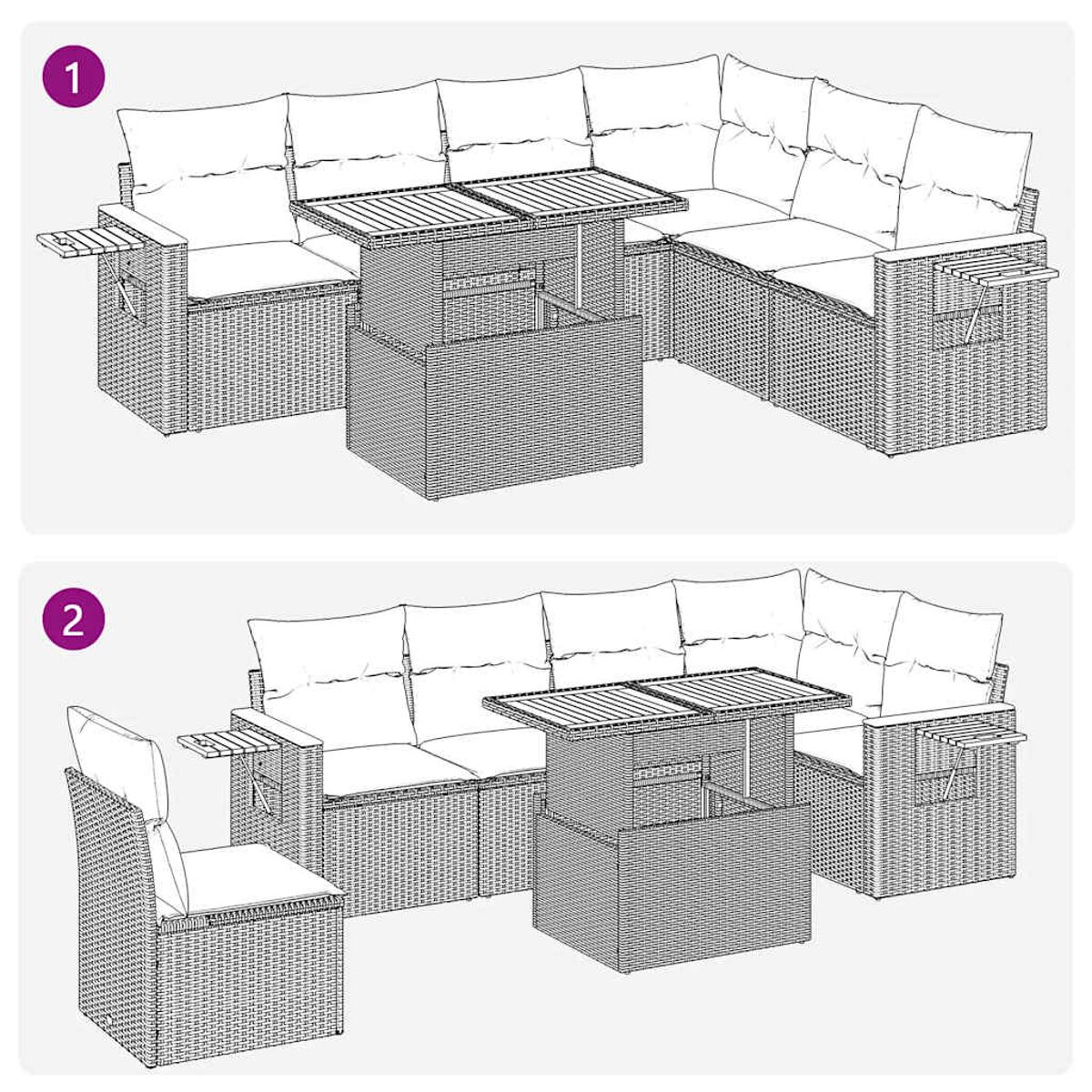 Set di mobili da esterno in rattan. Include divani, un tavolo e una sedia. Diagramma.