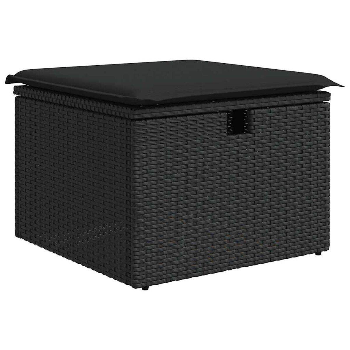 Pouff contenitore in vimini nero con cuscino nero. Ha una forma rettangolare.