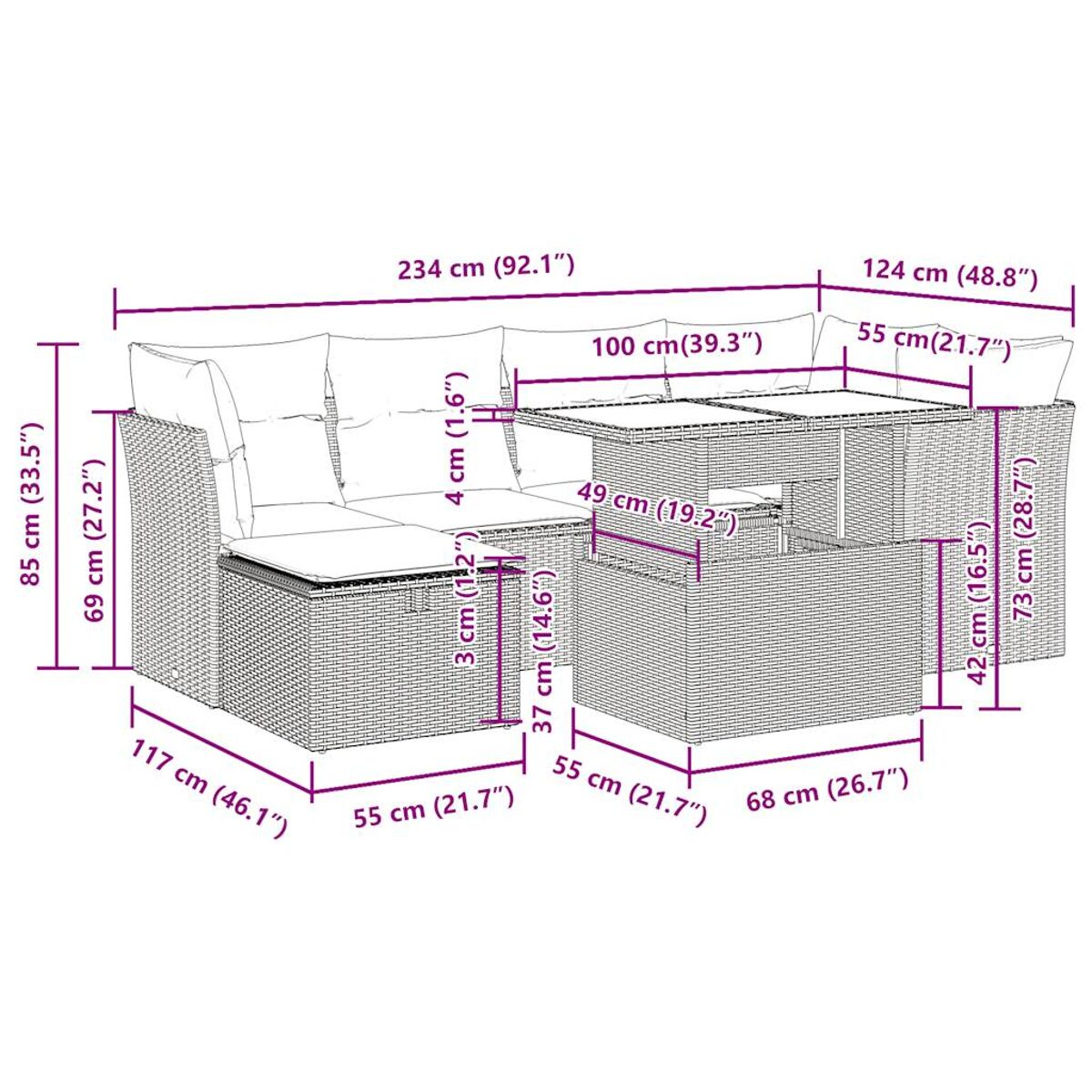 Geflochtenes Outdoor-Set mit Maßen. Beinhaltet Sofa, Tisch und Kissen.