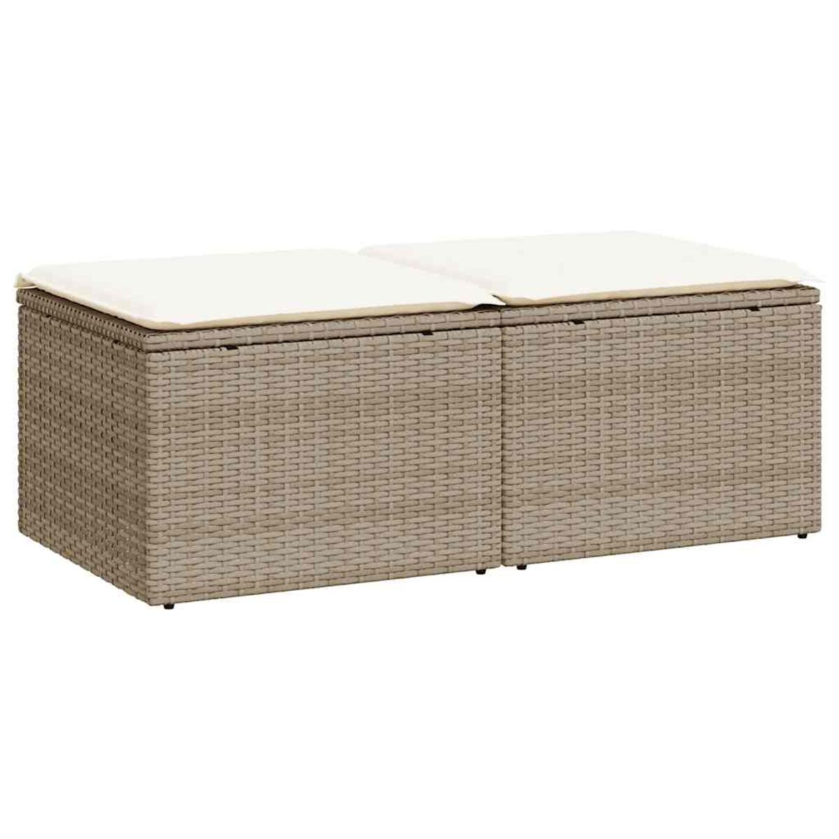 Due panche contenitore rettangolari, in rattan beige, con cuscini bianchi, su sfondo bianco.