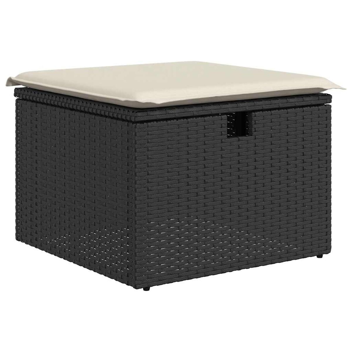 Scatola in rattan nero con cuscino crema sopra. La scatola ha una maniglia.