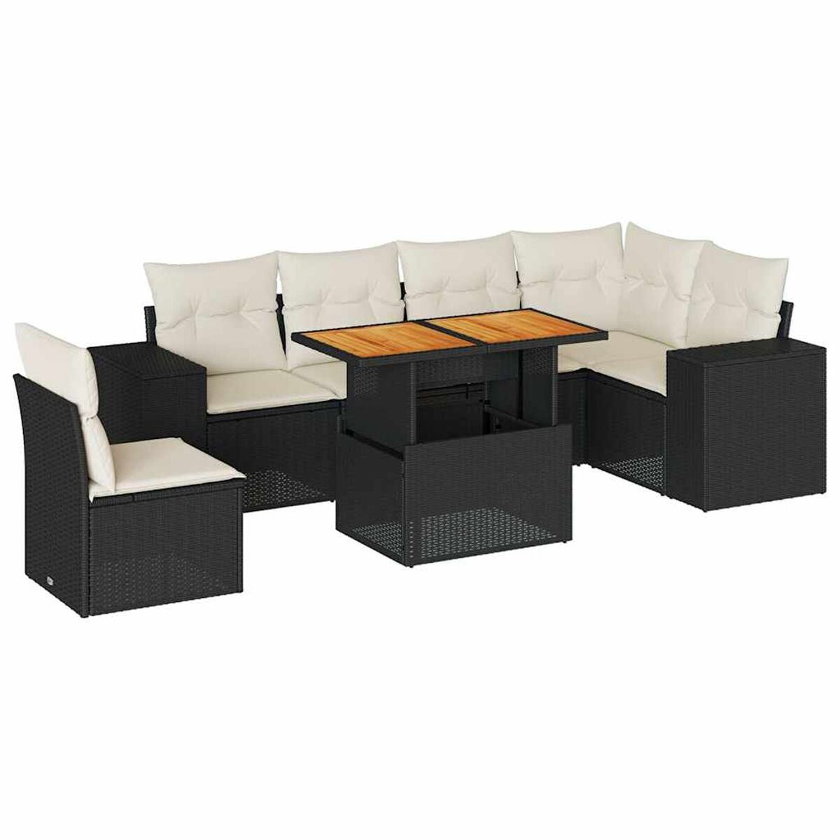Divano componibile in vimini nero con cuscini color crema e un tavolo in legno. Include una sedia laterale e un tavolo allungabile.