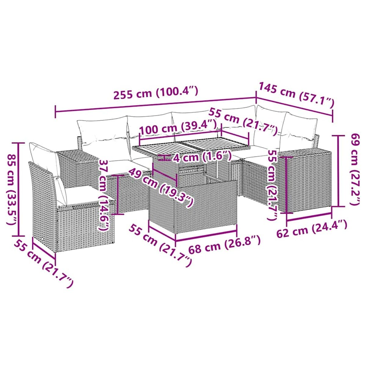 Set di mobili in rattan per esterni con dimensioni etichettate. Include divano, tavolo e sedie.