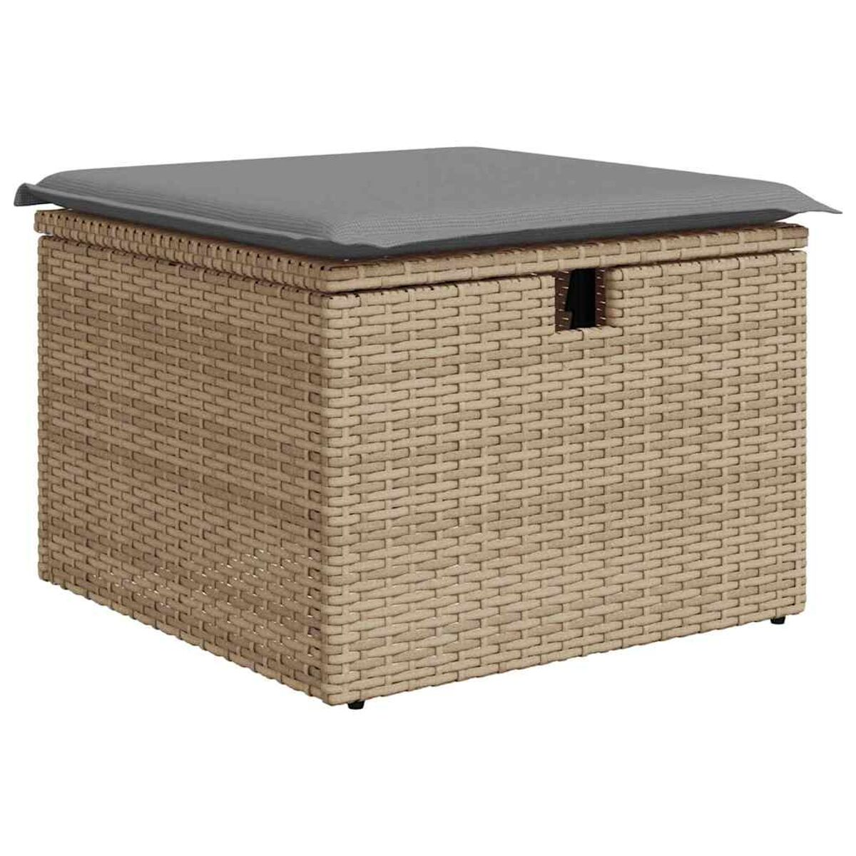 Un contenitore in rattan con un cuscino grigio sopra. Include maniglia e coperchio.