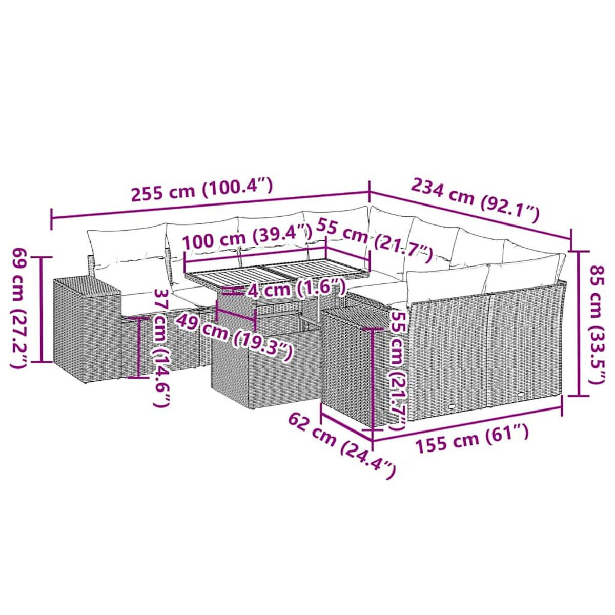 Set di mobili da esterno in rattan con dimensioni espresse in centimetri e pollici.