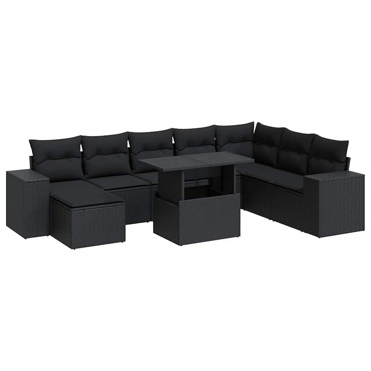 Divano componibile in rattan nero con tavolo elevabile. Cuscini neri, tutto su sfondo bianco.