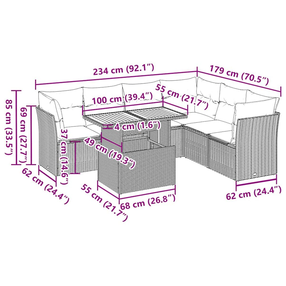 Un set di mobili da esterno in vimini con dimensioni etichettate. I cuscini beige sono visibili.
