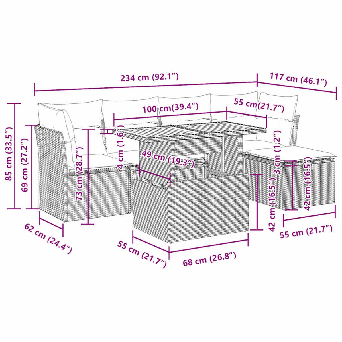 Un set di mobili da esterno componibili con dimensioni. Include un tavolo e un pouf.