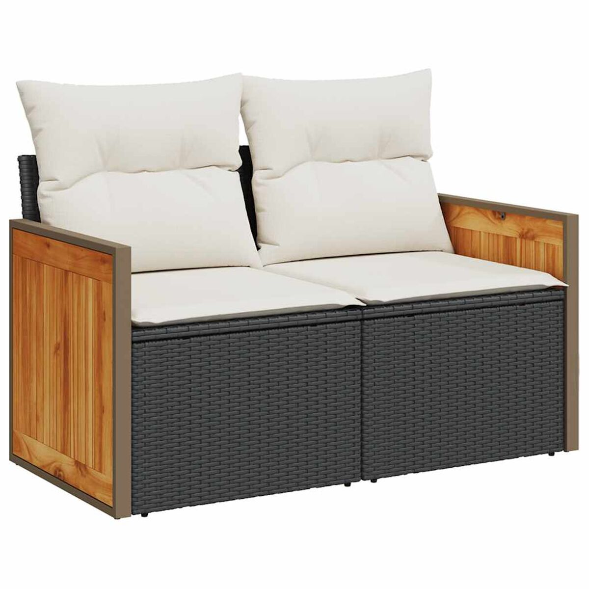 Ein Zweisitzer-Sofa mit Holzseiten, grauem Korbgeflecht und weißen Kissen.