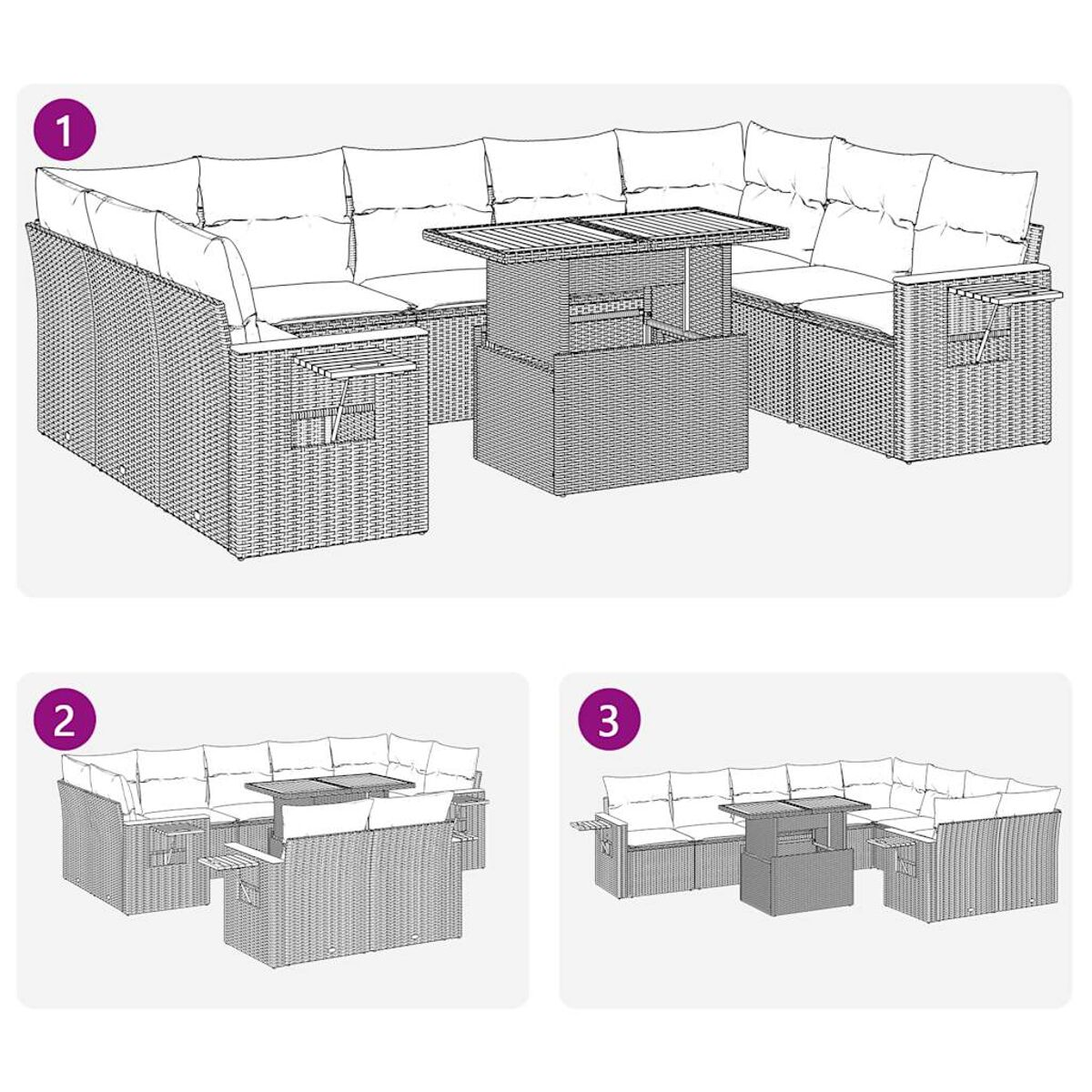 Diagramm, das ein Ecksofa in drei Konfigurationen zeigt, nummeriert 1, 2 und 3.