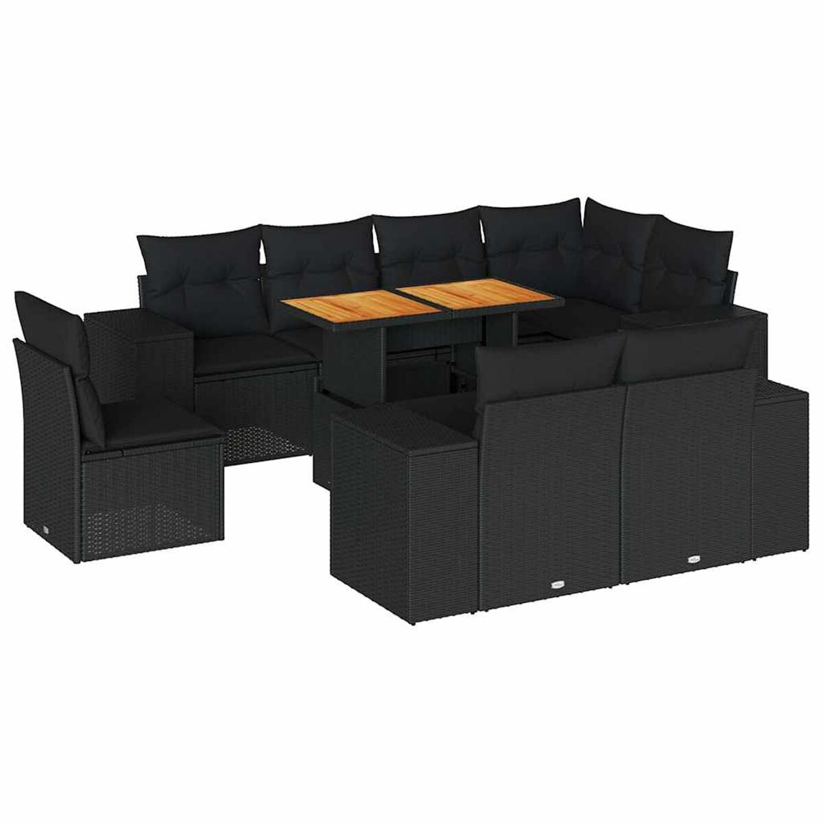 Divano componibile in vimini nero con cuscini neri e tavolo in legno. Sfondo bianco.