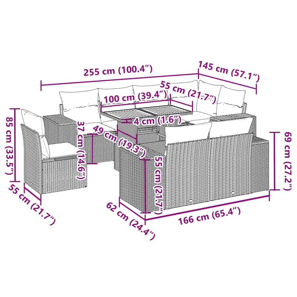 Set patio esterno con dimensioni etichettate. Include divano, tavolo e sedia.