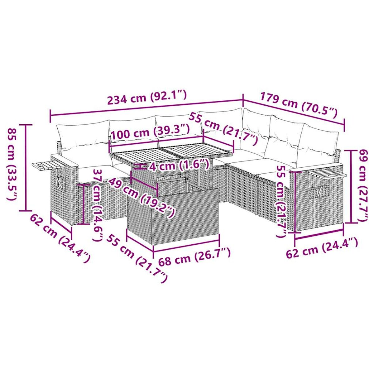 Set di mobili da esterno con dimensioni. Include divano, tavolino e tavolini. Misure in cm e pollici.