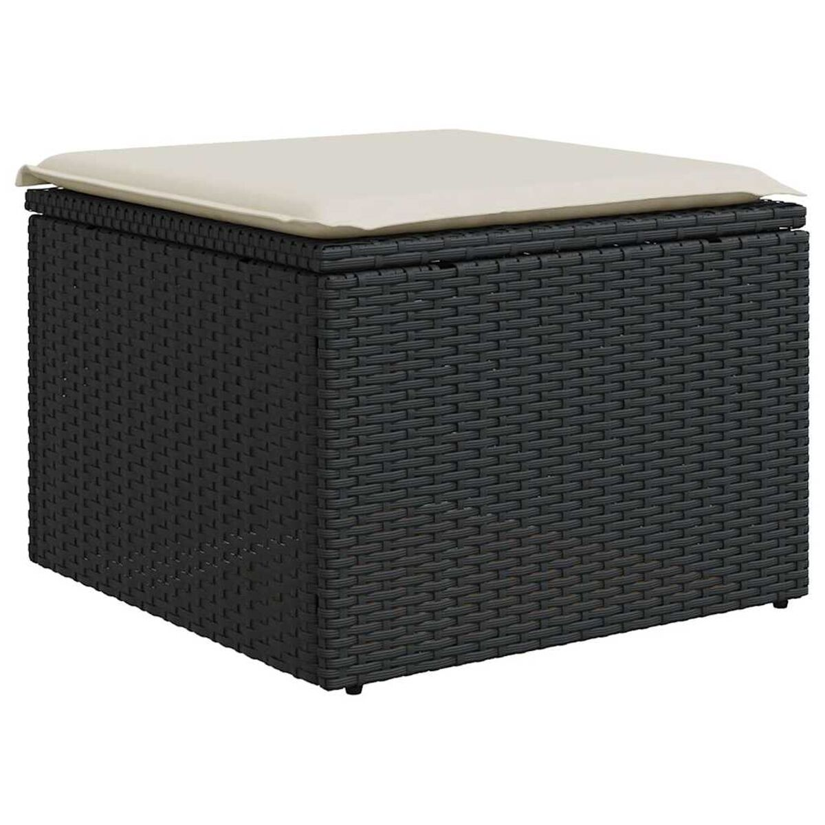 Pouff contenitore in vimini nero con cuscino color crema sopra, visto da un'angolazione leggermente elevata.