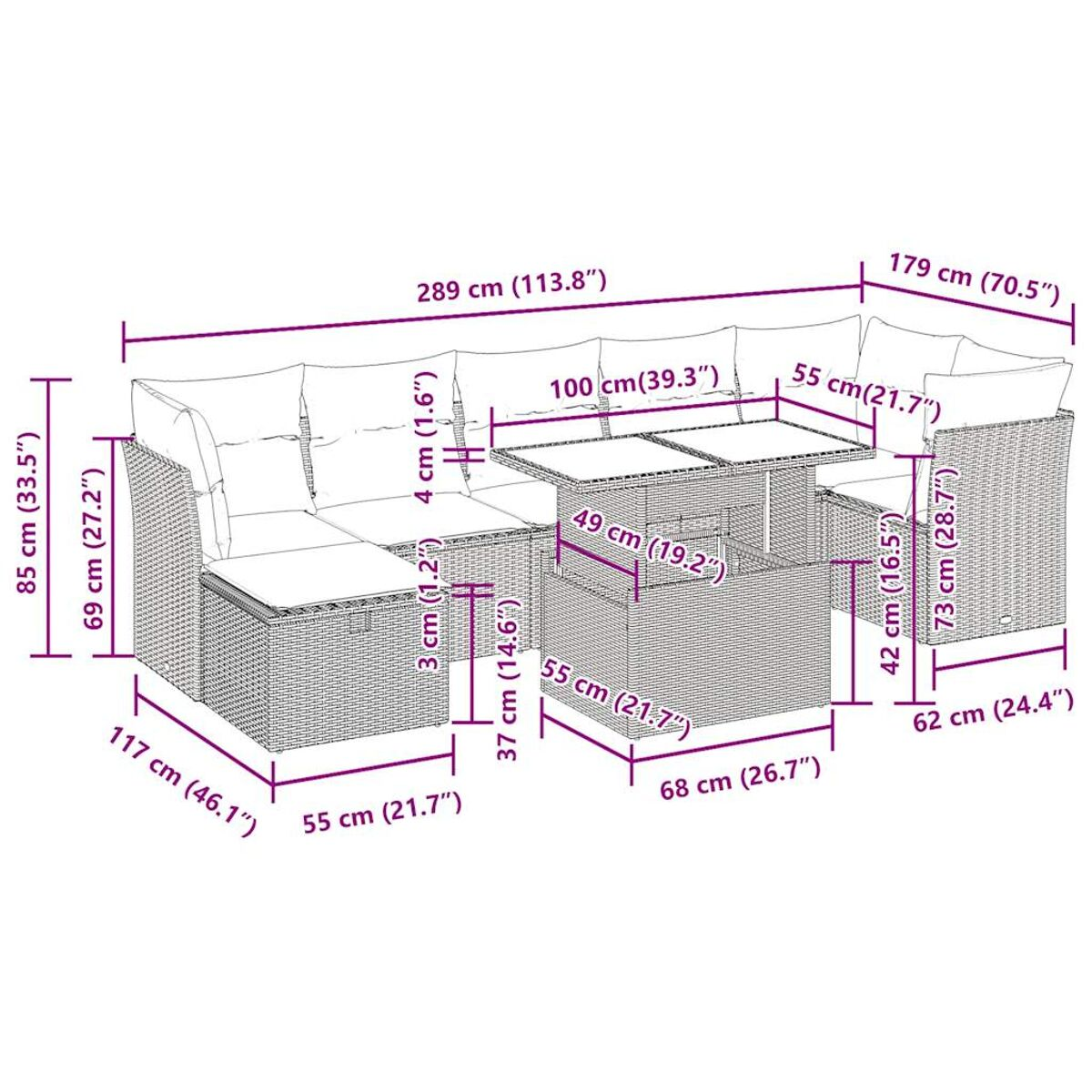 Diagramm eines Rattan-Sofasets mit Abmessungen. Es umfasst ein Sofa und einen Tisch.