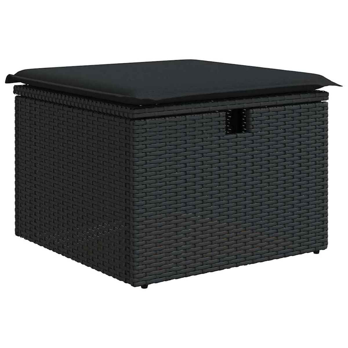 Pouff in vimini nero con cuscino nero sopra.