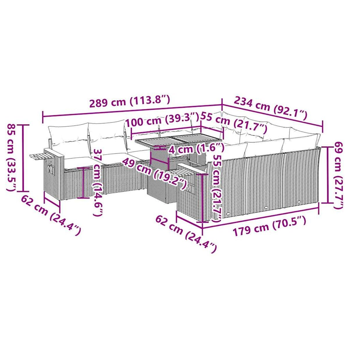 Diagramma di un set di divani da esterno in vimini con dimensioni in cm e pollici. Il set è beige.
