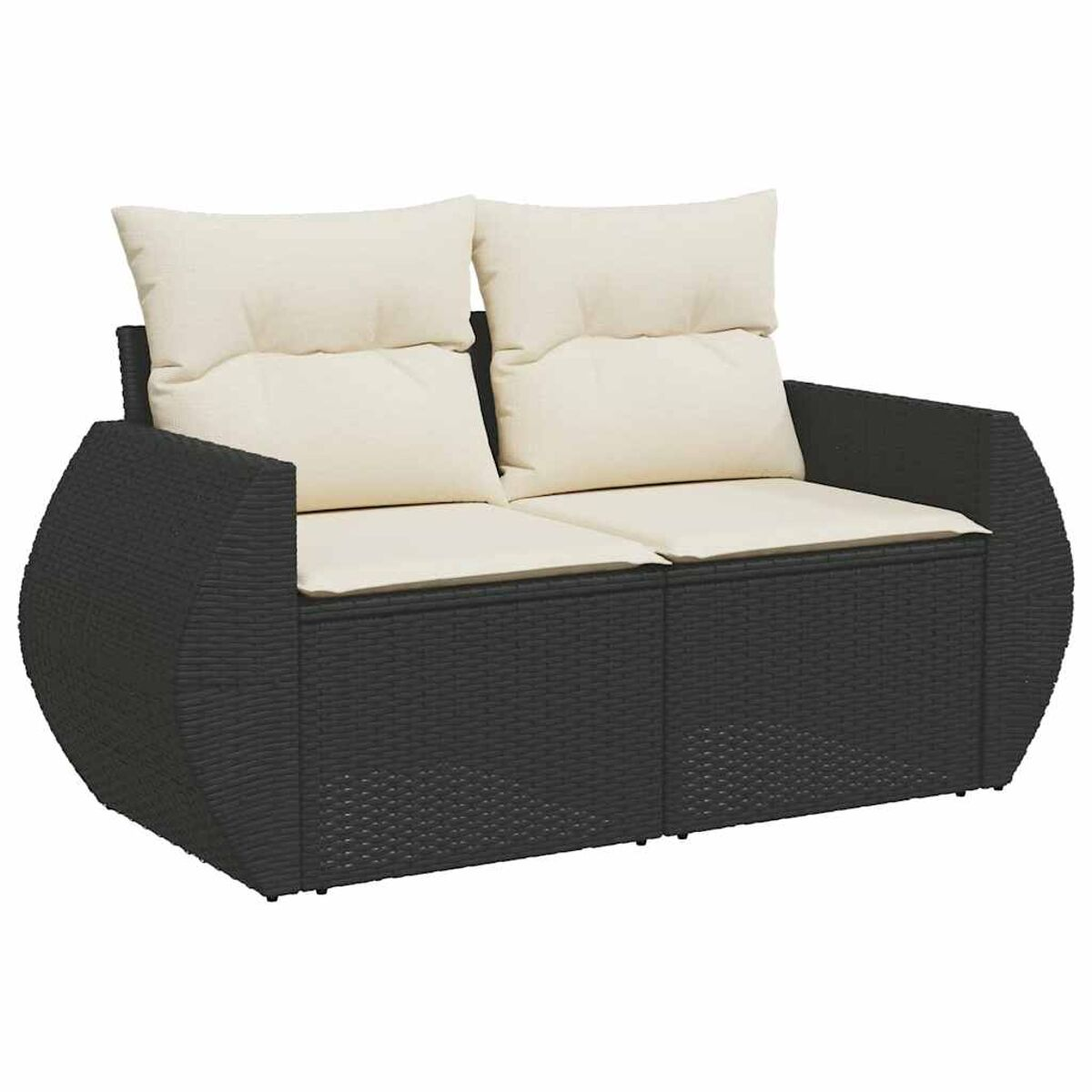 Divano in rattan nero con due cuscini. Il divano è in vimini e ha un design curvo.