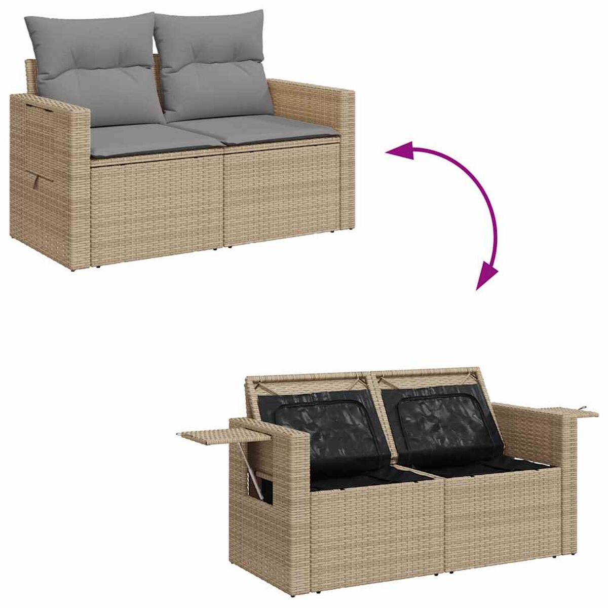 Zweisitziges Rattan-Sofa, beige, mit grauen Kissen. Oben das Sofa, unten geöffneter Stauraum.