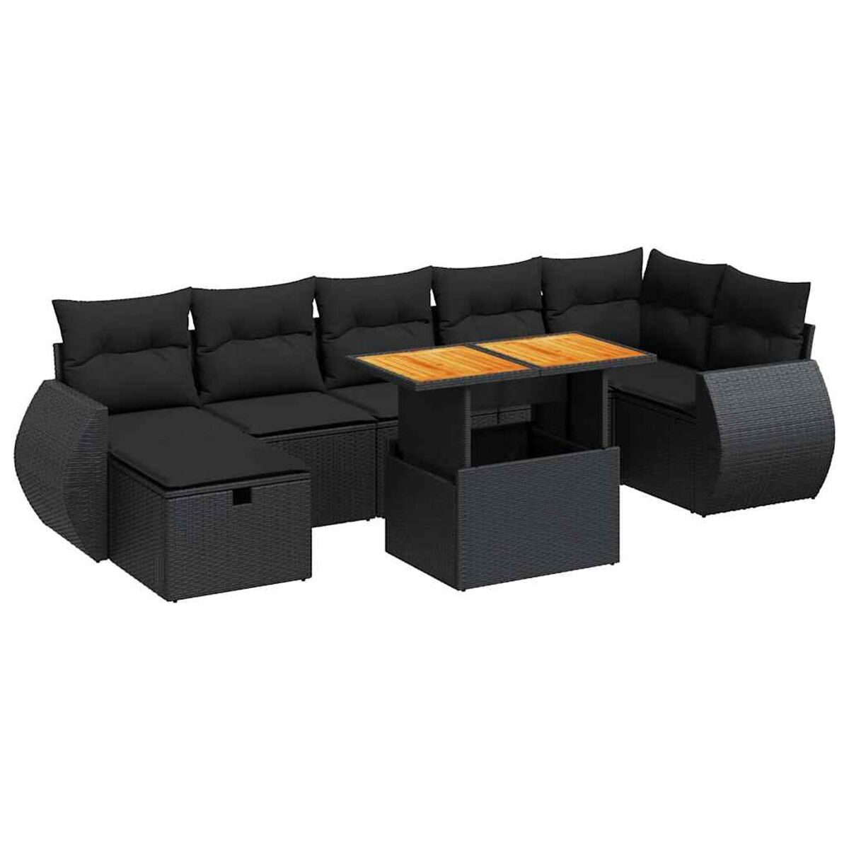 Set divano in vimini nero con cuscini neri e tavolo sollevabile in legno.