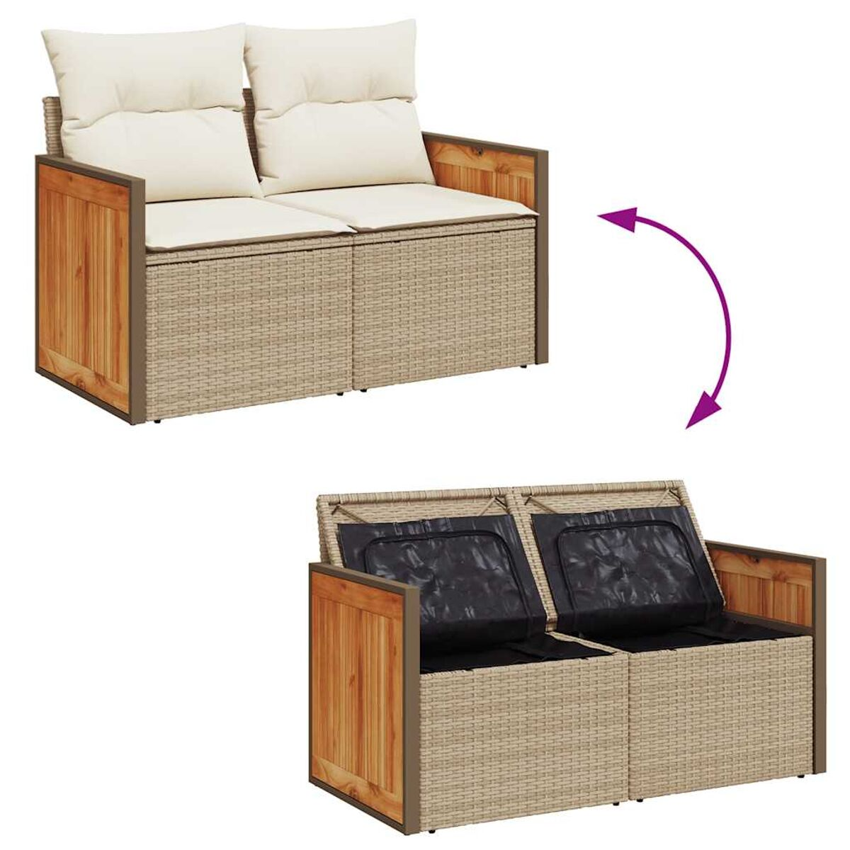 Divano contenitore da esterno a due posti. Rattan beige con dettagli in legno e cuscini color crema. Si alza.