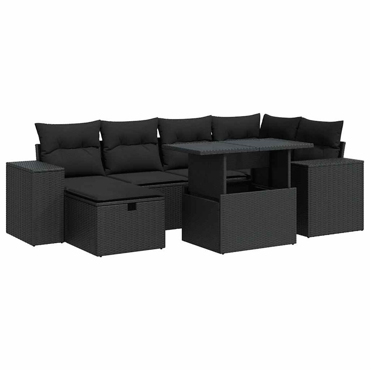 Un set divano da esterno in vimini nero con tavolo e poggiapiedi. I cuscini sono neri.