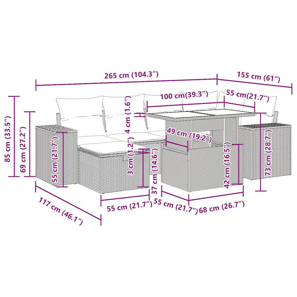 Set da esterno in vimini con dimensioni. Include divano, tavolo e cuscini.