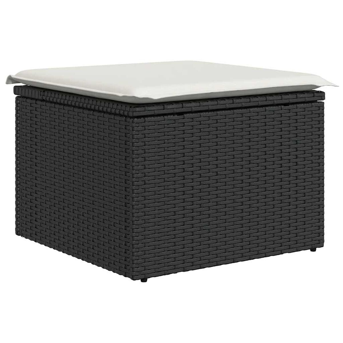 Pouf in vimini nero con un cuscino bianco sopra. È di forma quadrata.