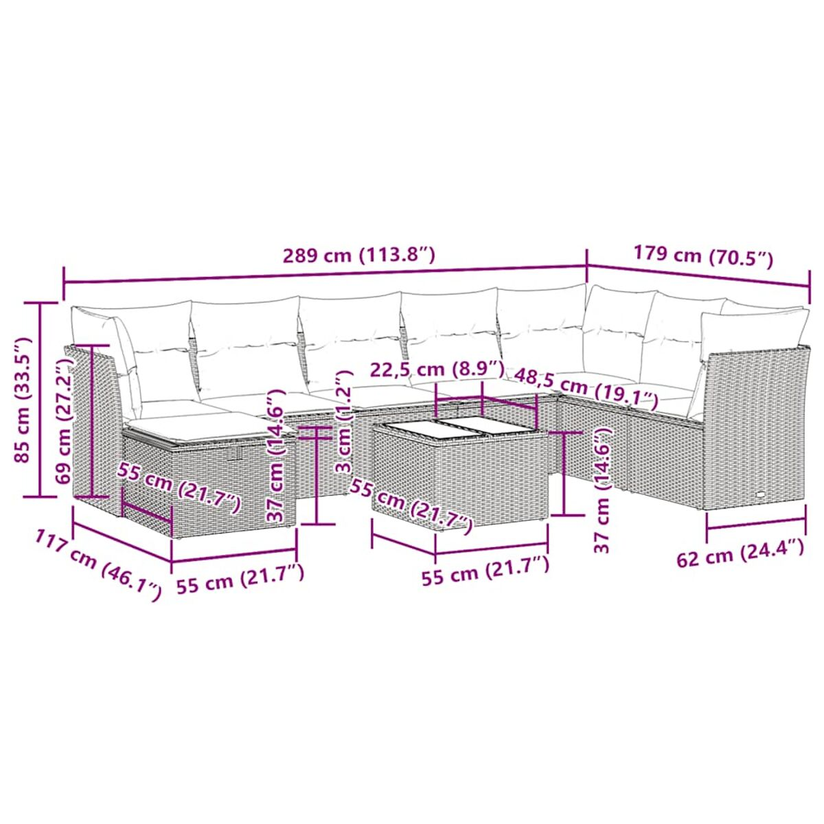 Geflochtenes Sofaset mit Abmessungen. Das Set ist grau.