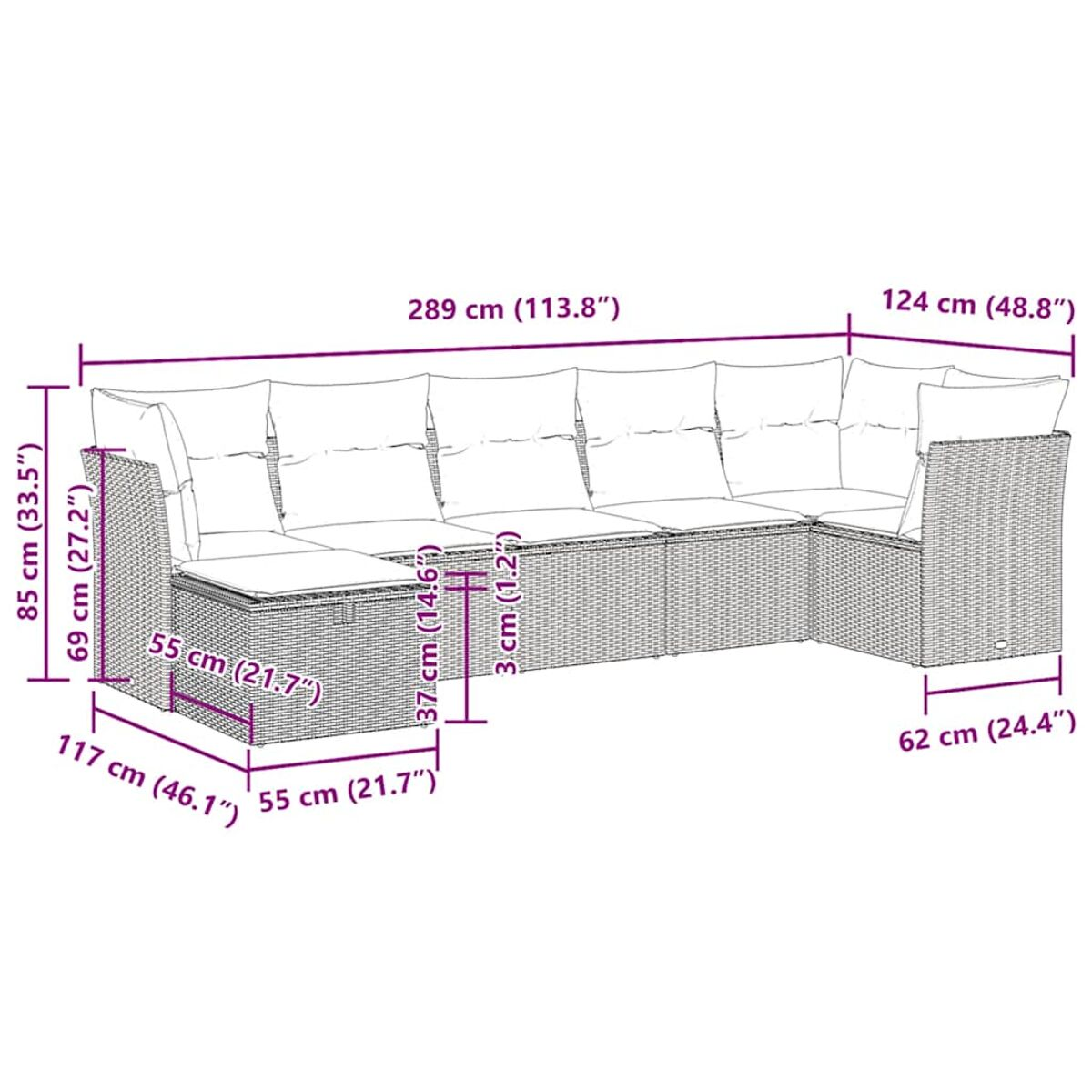 Set divano da esterno in rattan con dimensioni.