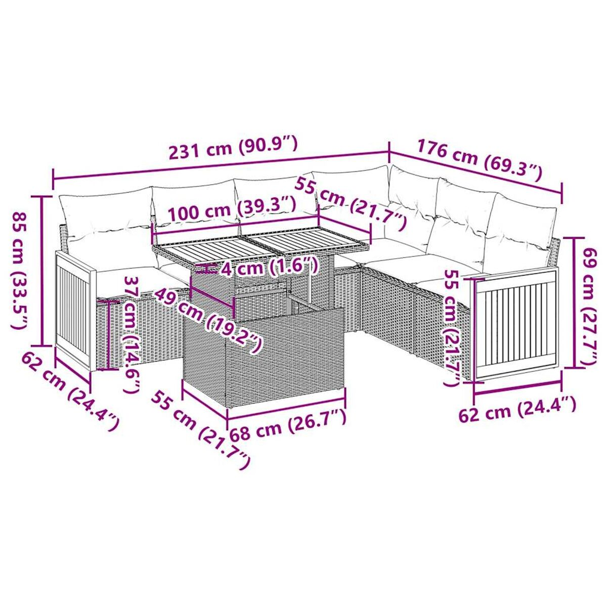 Set divano da esterno in rattan con dimensioni. Sfondo bianco.