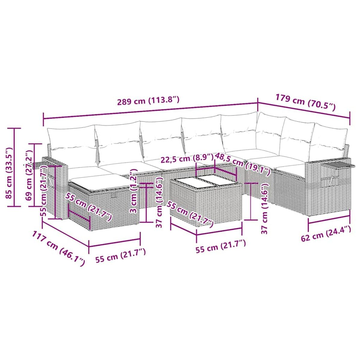 Diagramm eines Rattan-Ecksofas für den Außenbereich mit Abmessungen in Zentimetern und Zoll.