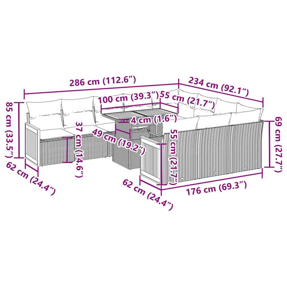 Ein Diagramm eines Ecksofas mit Abmessungen in cm und Zoll.