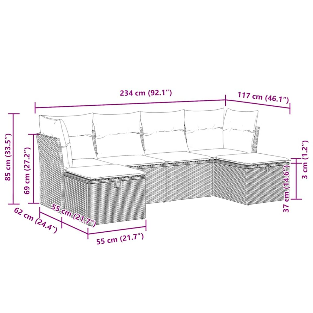 Geflochtenes Sofaset mit Maßen. Verfügt über ein Sofa, eine Chaiselongue und einen Ottoman mit Kissen.