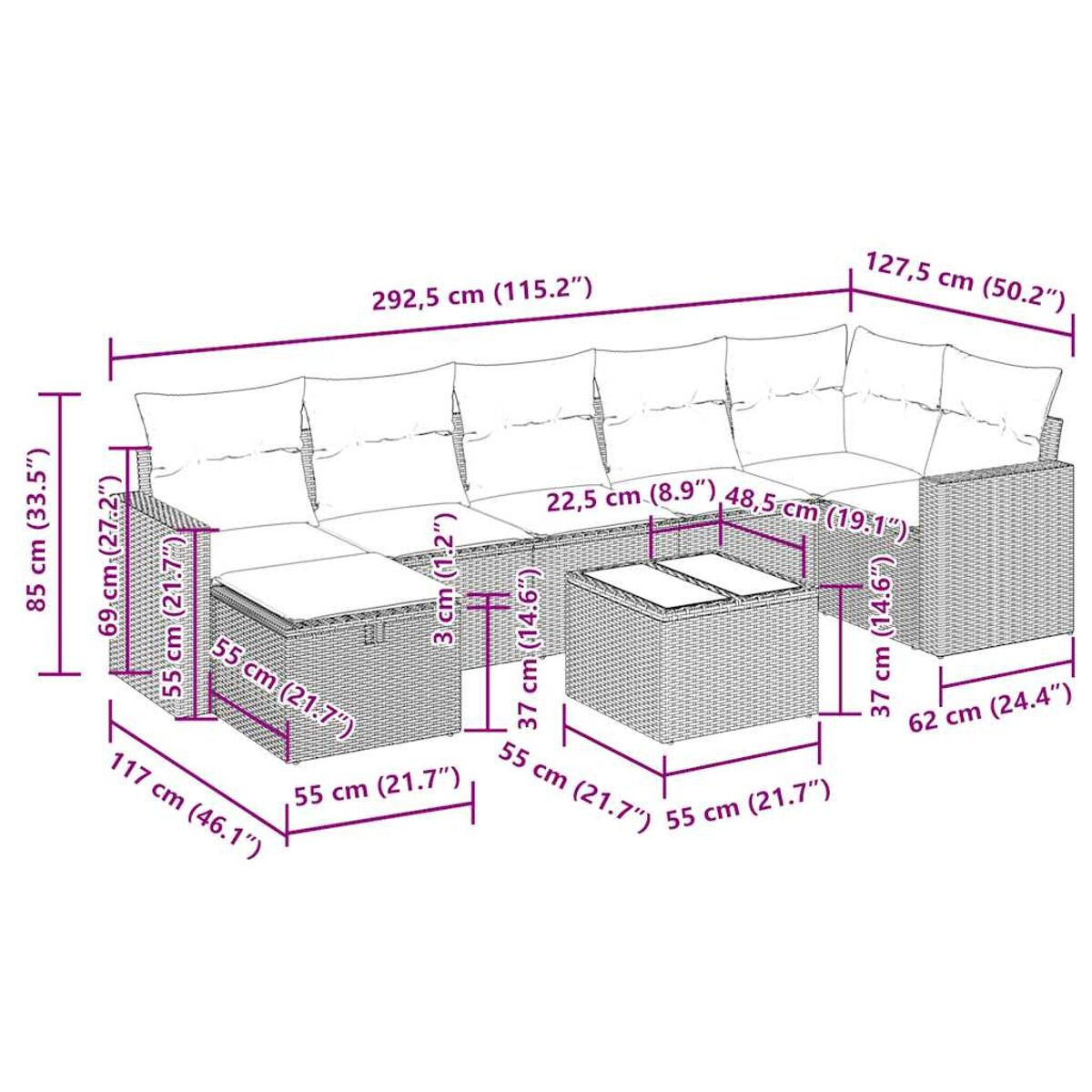 Ein Outdoor-Ecksofa aus Korbgeflecht. Abmessungen in Zentimetern und Zoll angegeben.